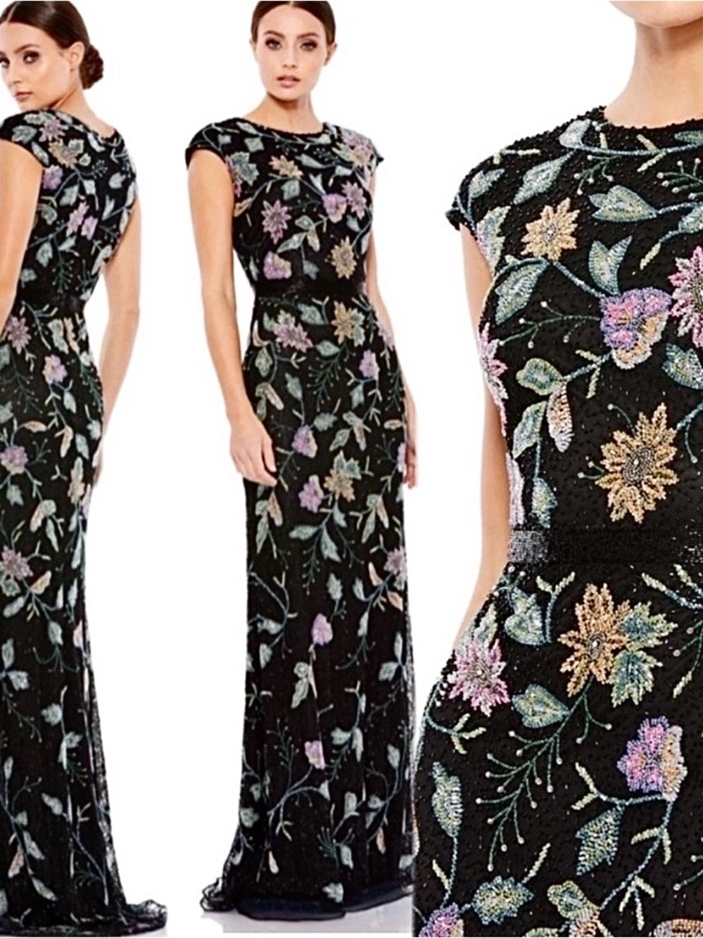Mac Duggal Floral Beaded Cap Sleeve Evening Gown 5229 Black Multi Size 10 NWT - Picture 1 of 15